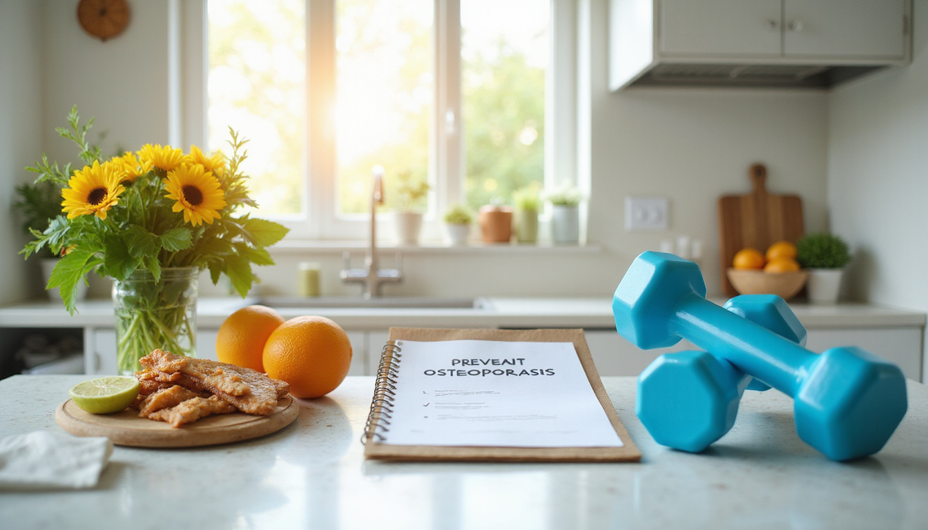  Bright kitchen scene with calcium-rich foods, dumbbells, sunlight, checklist titled 