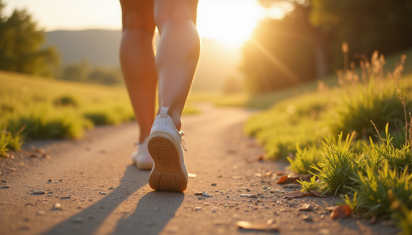  Close-up of calm feet stepping on soft trail, gentle movement, relief visualized, morning light