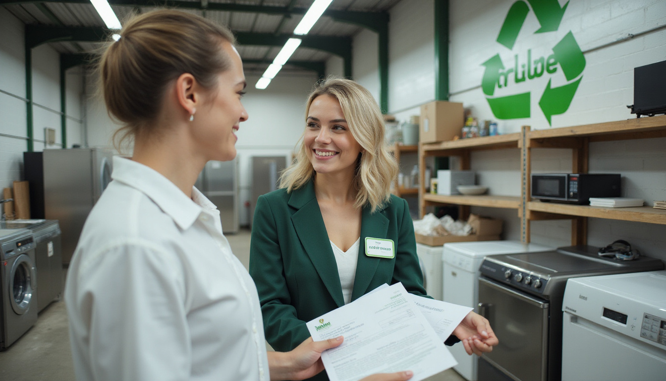  Eco-friendly recycling center with sorted appliances, green logo, smiling customer receiving affordable receipt