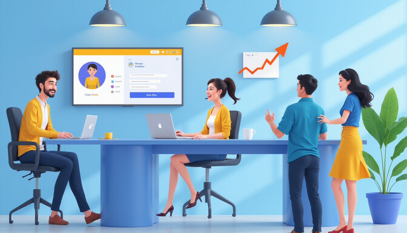  Modern customer support desk with smiling agent, seamless IVR interface, ecstatic customers, upward sales arrows