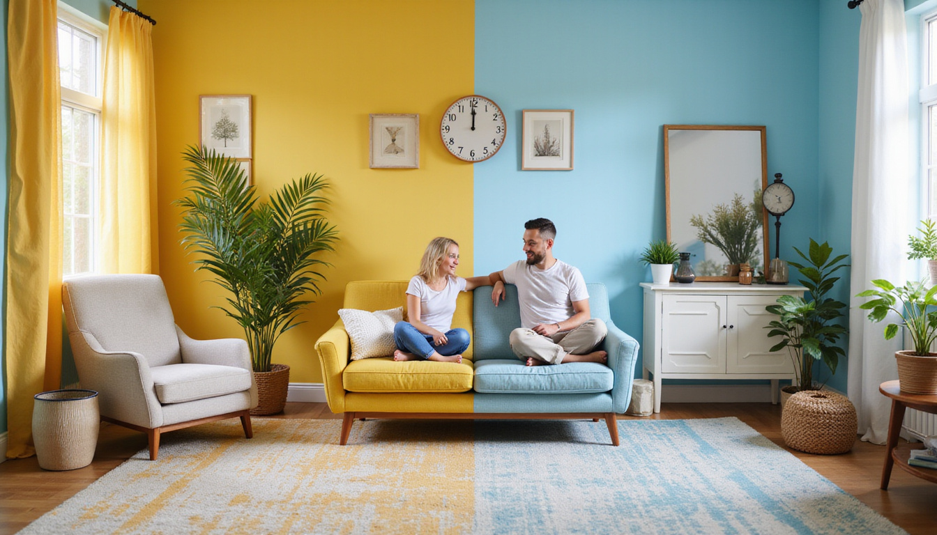  Fast affordable decluttering: stopwatch, price tag, before and after living room transformation, smiling homeowners