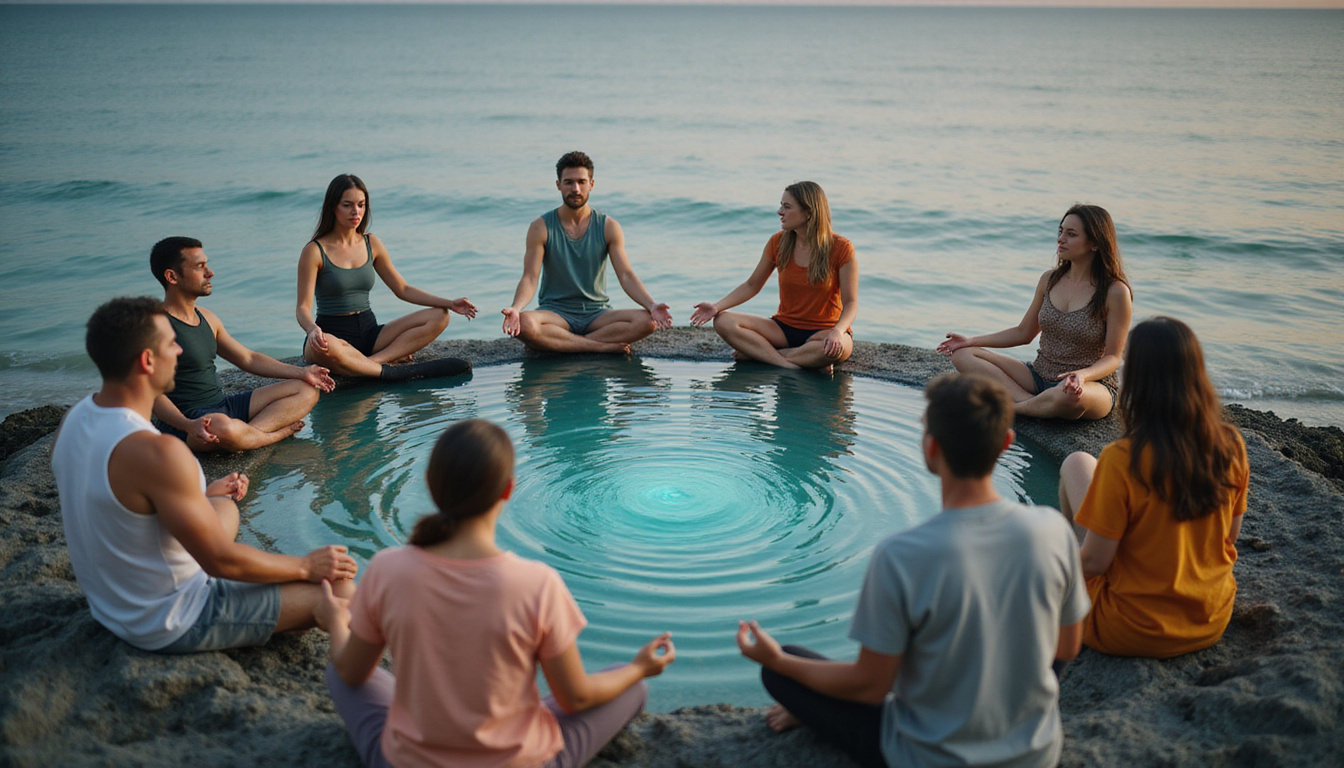  Circle of diverse people meditating on shoreline, hands over healing blue-green earth, soft dawn
