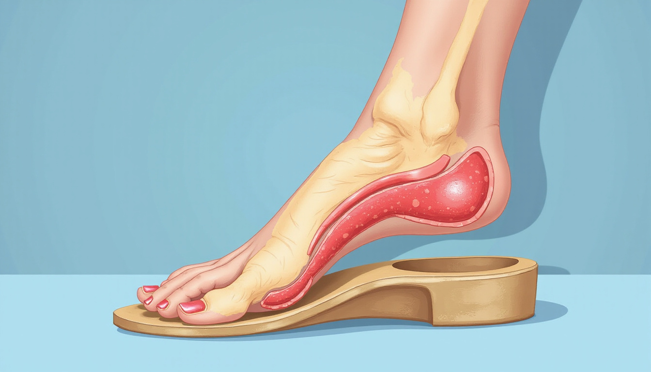  Cross-section medical illustration of foot with tailored orthotic support alleviating pain, anatomical precision