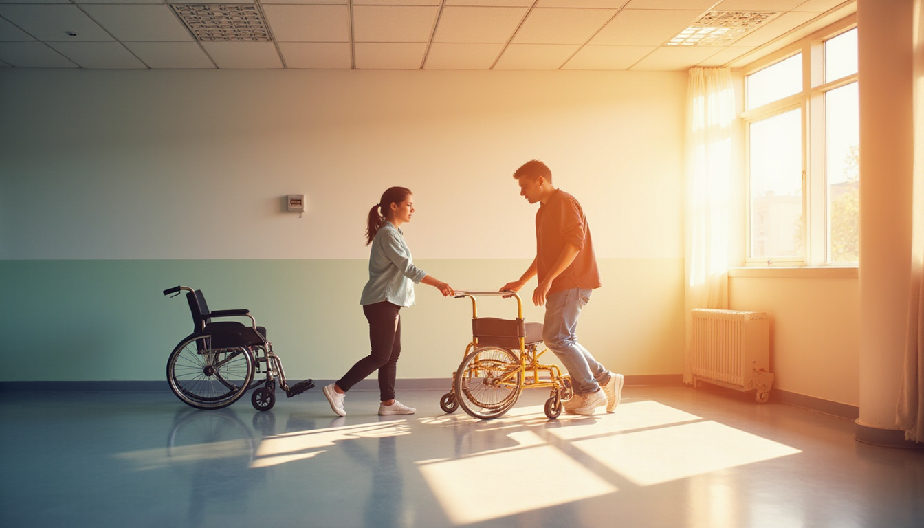  Cinematic sequence showing progression: wheelchair to walking frame to independent steps, warm rehabilitation clinic light