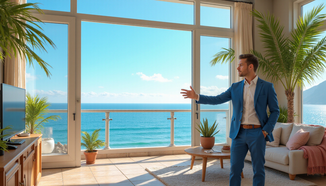  Real estate agent pointing at affordable seaside apartment listings, sea view terrace, palm trees