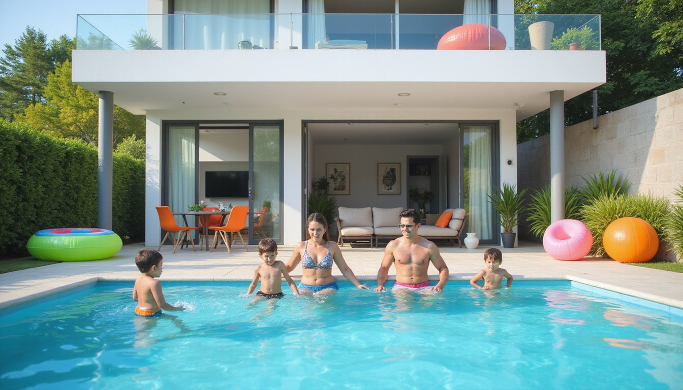  Modern family pool villa, children splashing, parents relaxing poolside, bright day, colorful floats