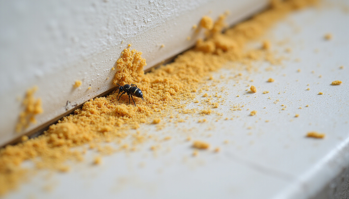 Macro close-up of fine insecticidal dust in wall crack, clean home interior, safety label visible