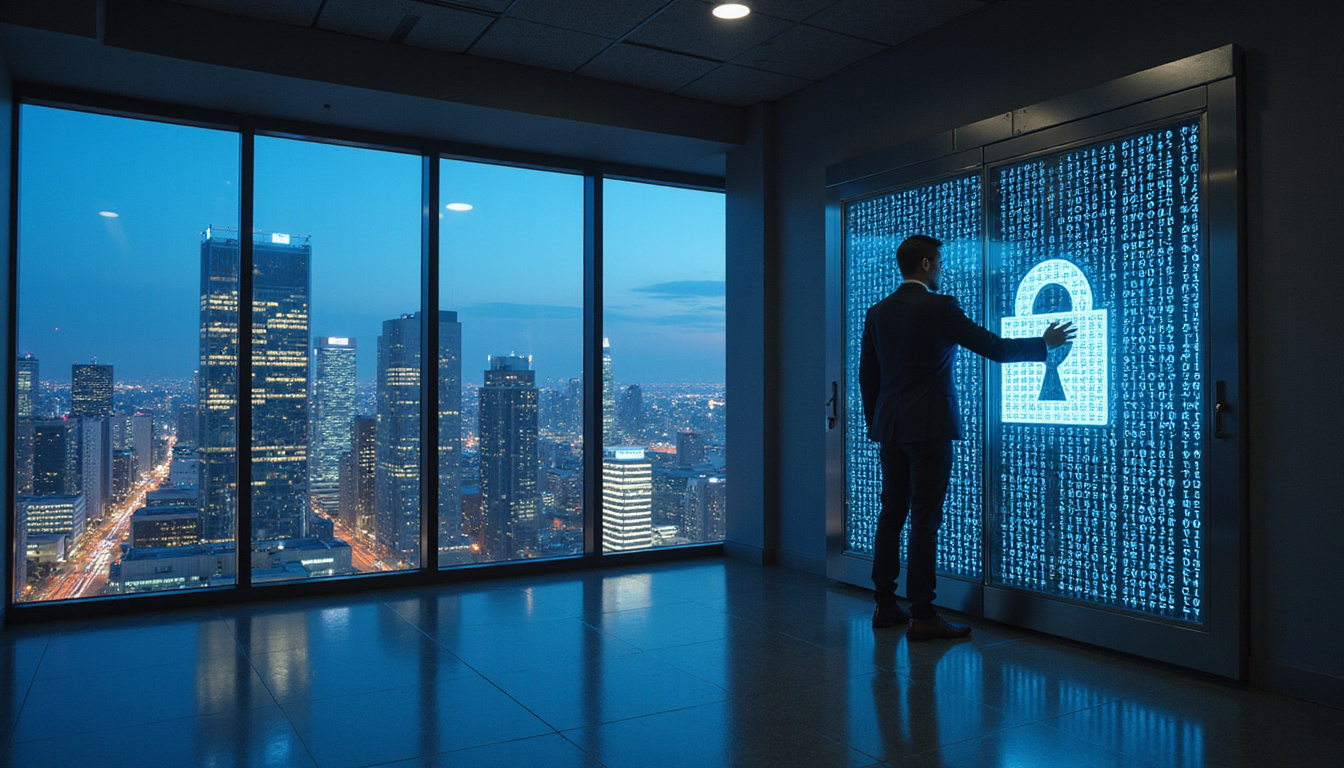  Nighttime skyline office, glass vault with binary code, agent silhouette deploying encryption key