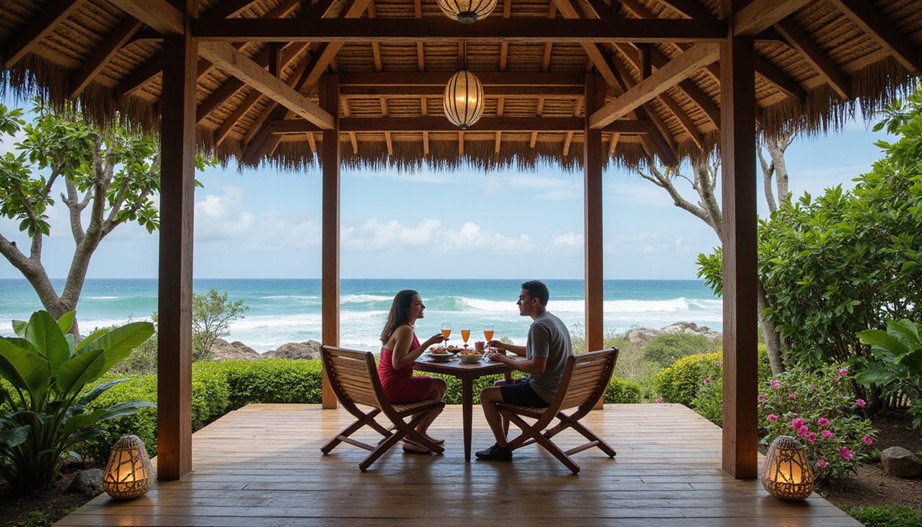 Exotic Balinese pavilion, couple savoring local cuisine, frangipani, lanterns, crashing waves below