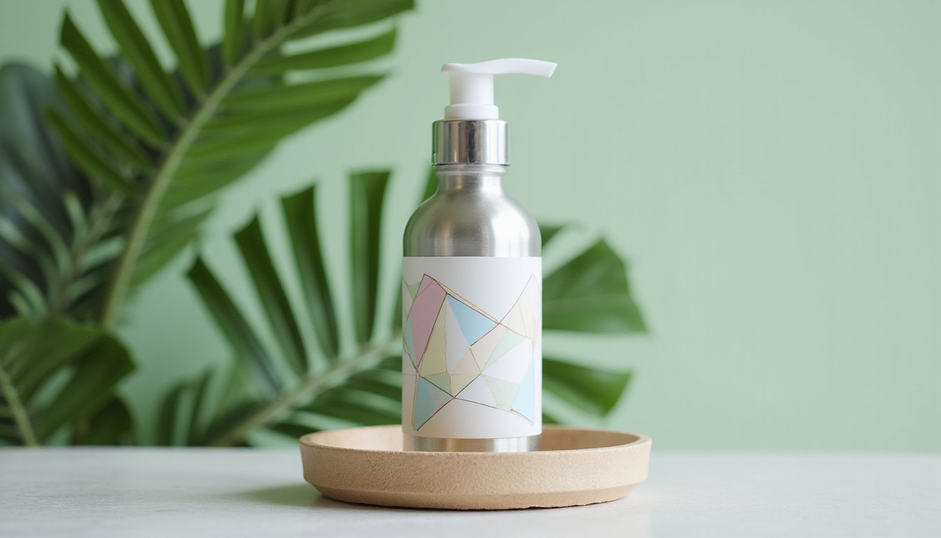  Refillable aluminum pump, minimalist geometric labels, recycled paper tray, soft green foliage