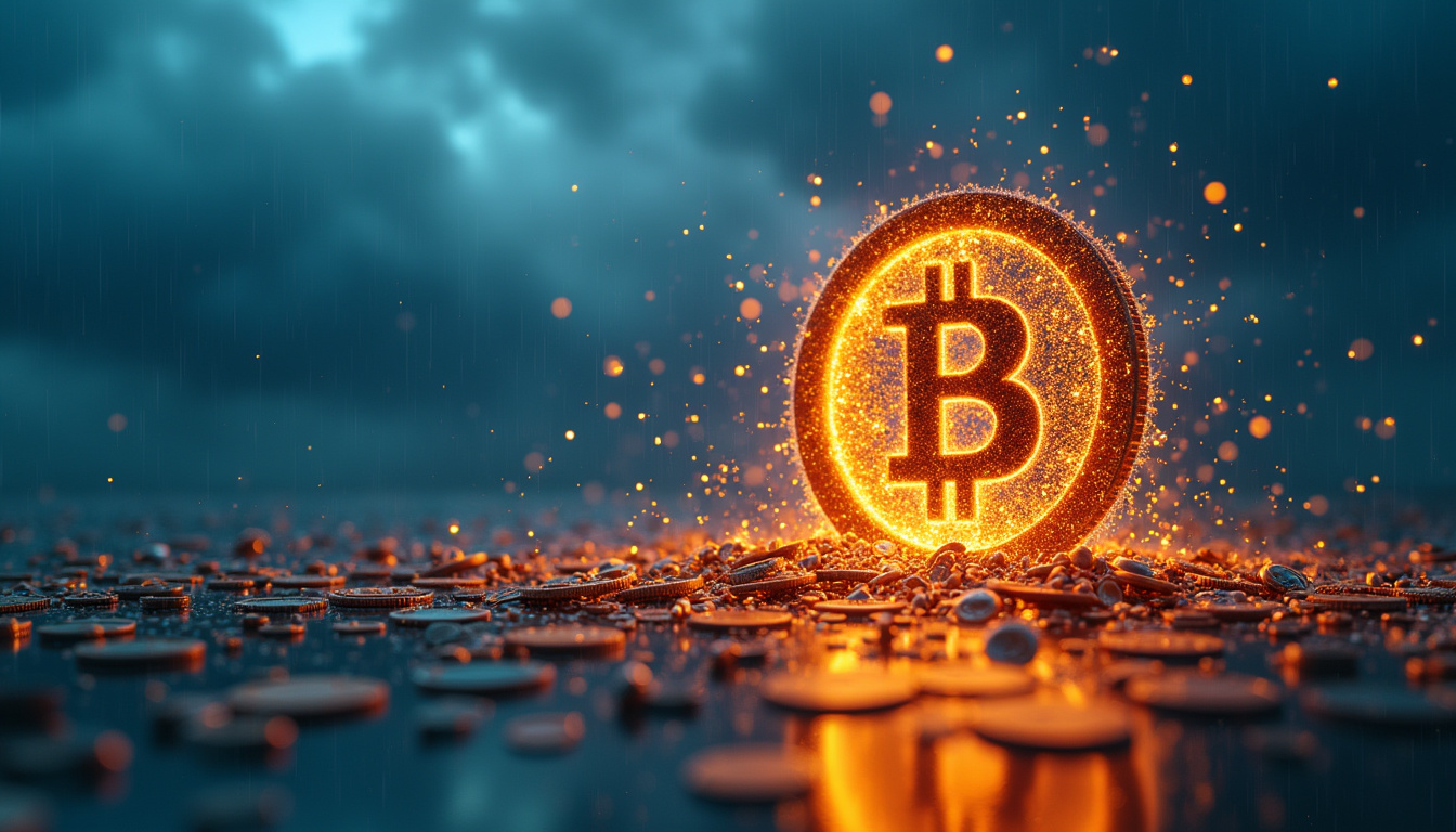  Malformed smart contract gears sparking, tokens spilling like coins, sinking crypto project under stormy skies