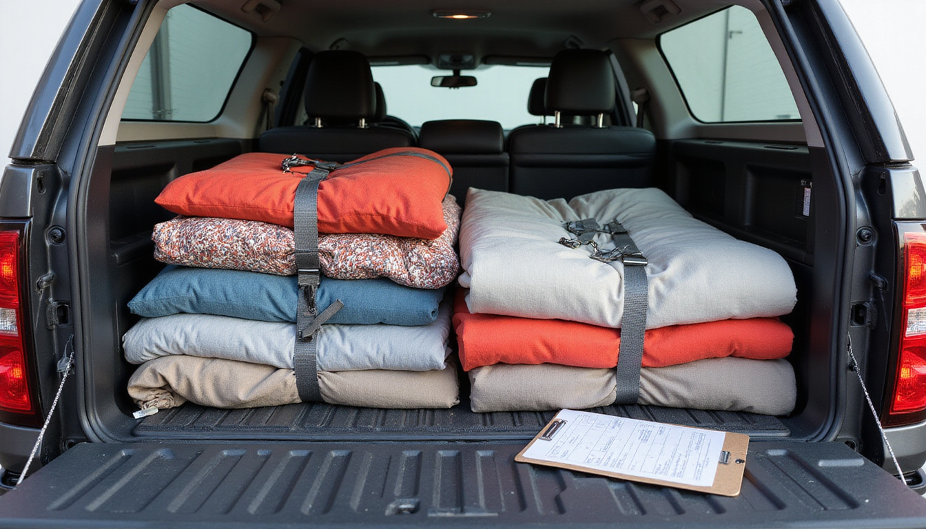  organized pickup truck loaded compactly with disassembled sofa, blankets, tie-downs, checklist clipboard