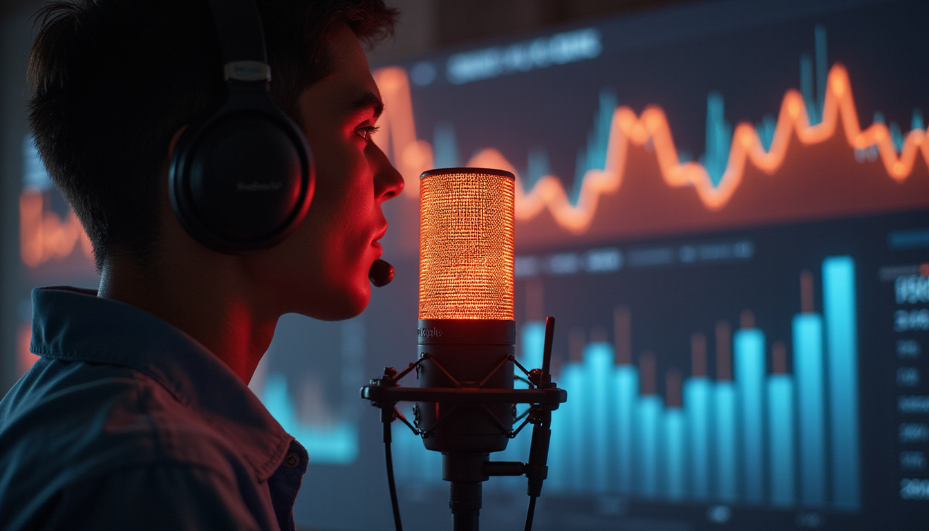  close-up headset microphone morphing into glowing waveform and neat transcripts, dashboard metrics soaring