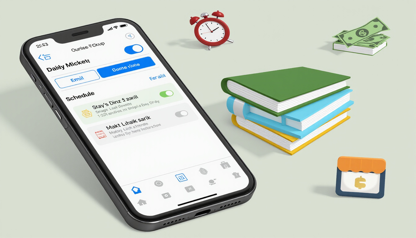  Smartphone scheduling curbside pickup, calendar reminders, money-saving icons, stopwatch, neat stacked items