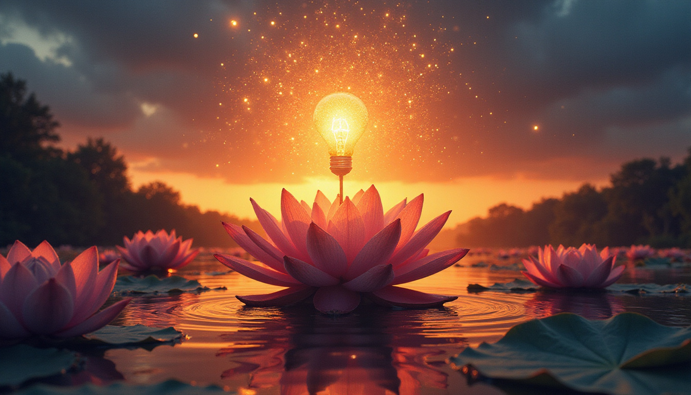  Inner silhouette filled with blooming lotus mind-map, lightbulb ideas floating, sunrise of self-trust