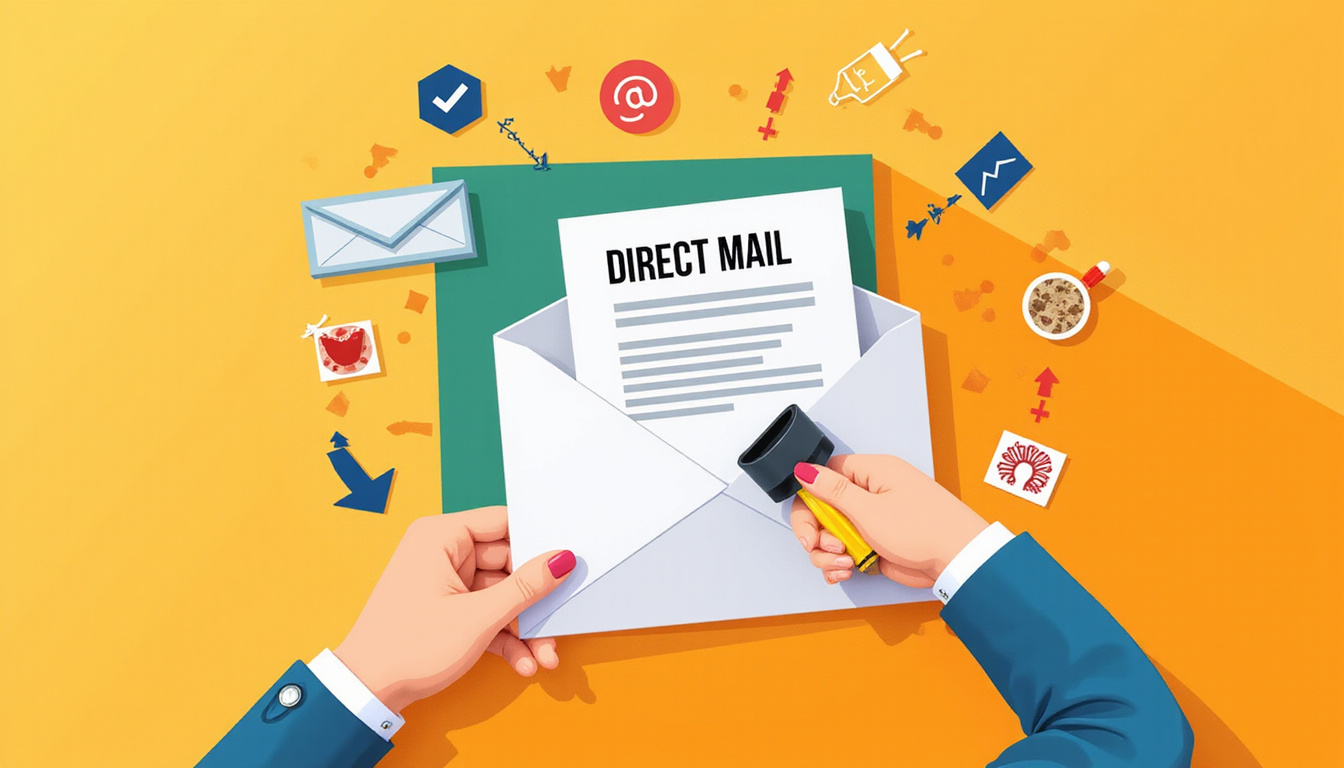  Creative direct mail scene: designer hands stamping bold CTA, happy customers, conversion arrows