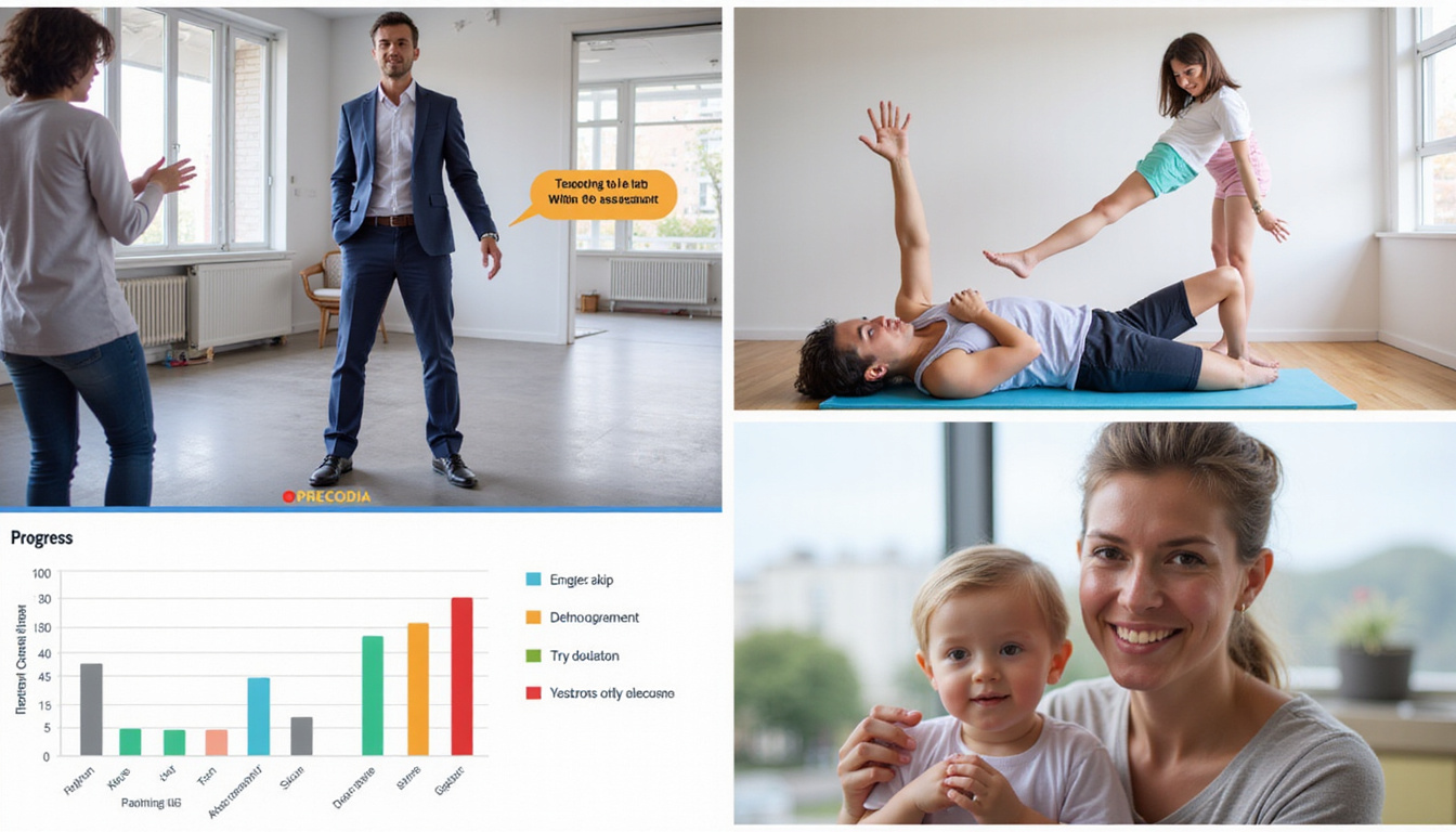  Split-screen montage: remote assessment, annotated exercise demonstrations, progress graphs, patient celebrating recovery