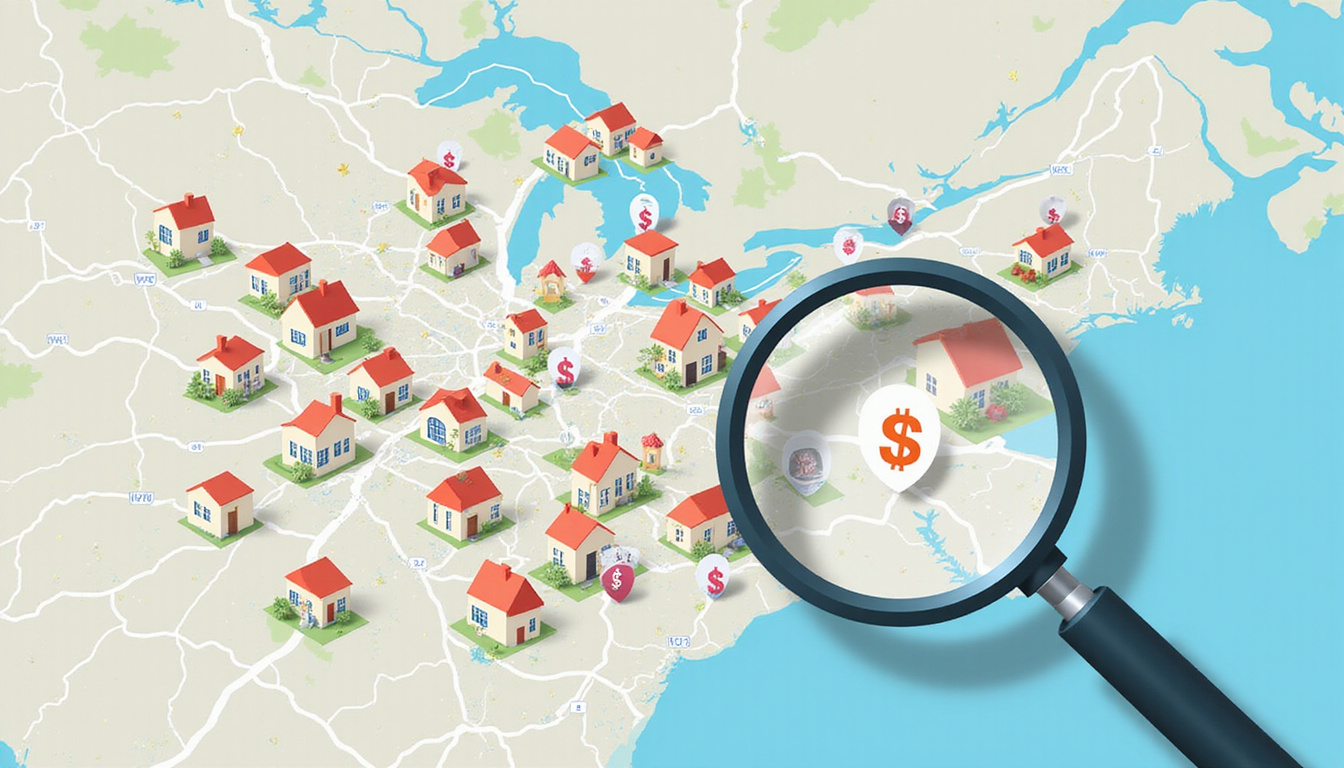  Map dotted with rental properties, dollar signs, magnifying glass highlighting high-yield neighborhoods, cinematic