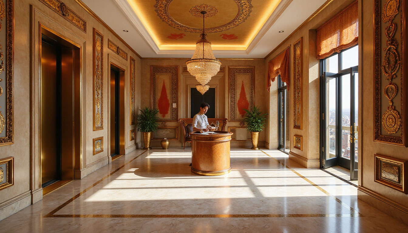  Opulent Cairo penthouse interior, marble floors, brass accents, private elevator, Egyptian motifs, concierge arranging champagne