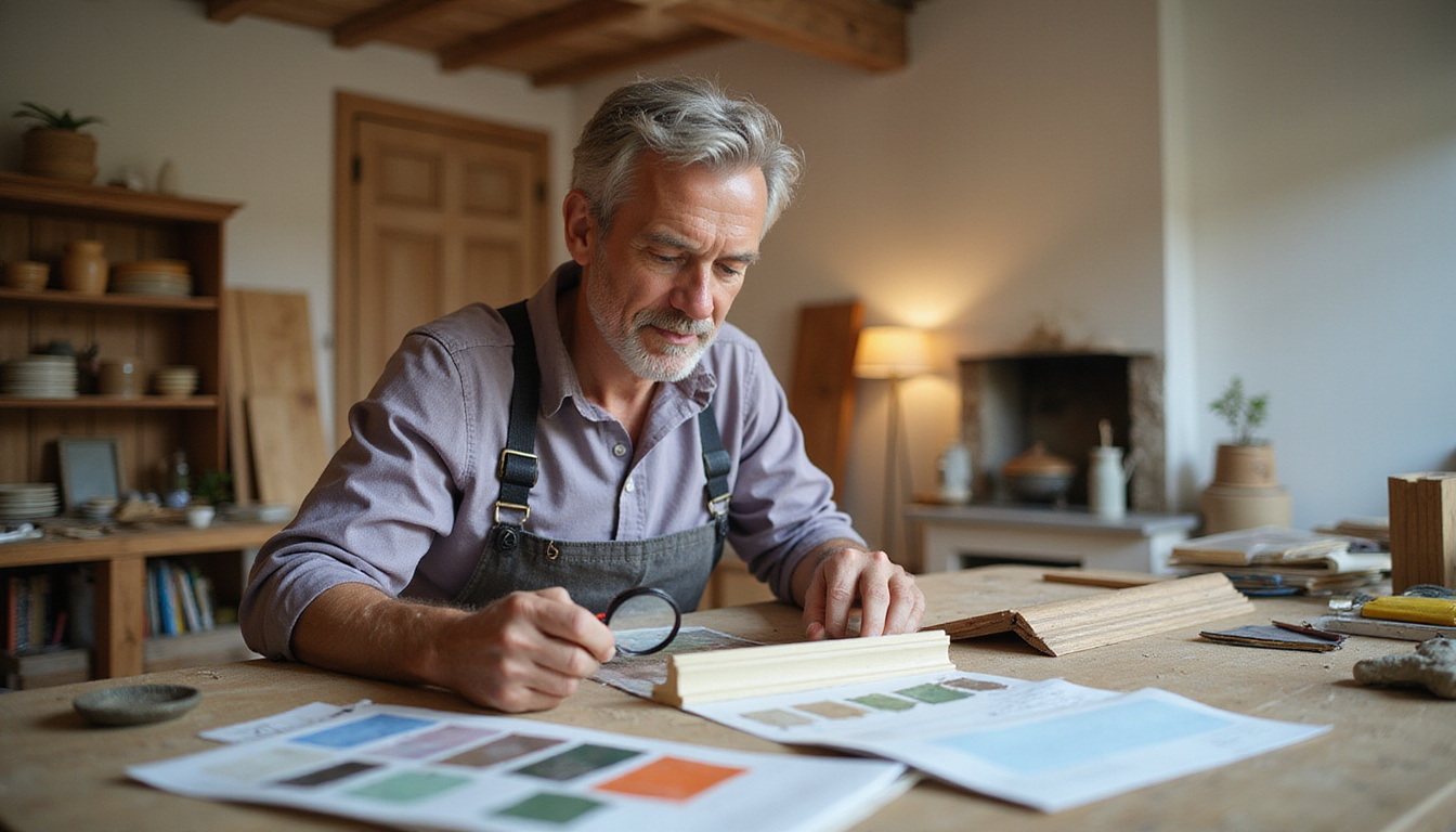  Homeowner examining antique crown molding with magnifying glass, archival paint samples, warm workshop light