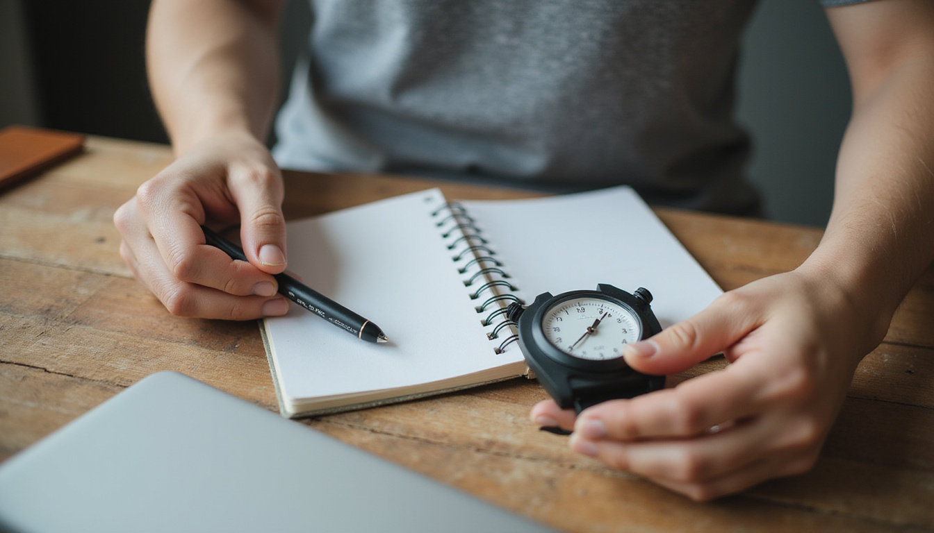  Athletic person checking scale and stopwatch, notebook with keto plan, serene clinic, warm tones