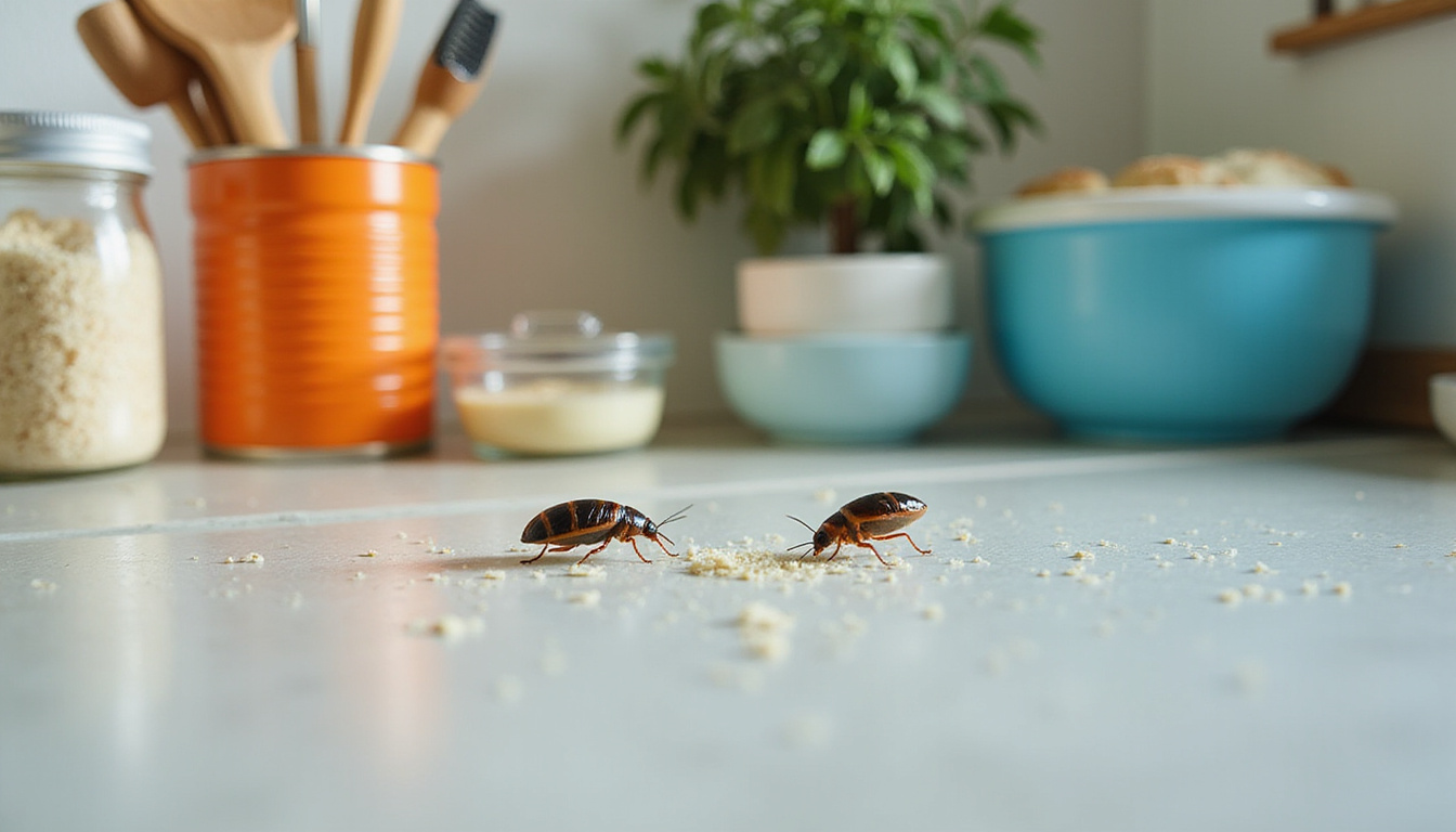  Dim kitchen corner, crumbs, roaches crawling, bright sterilized tools and sealed containers for prevention