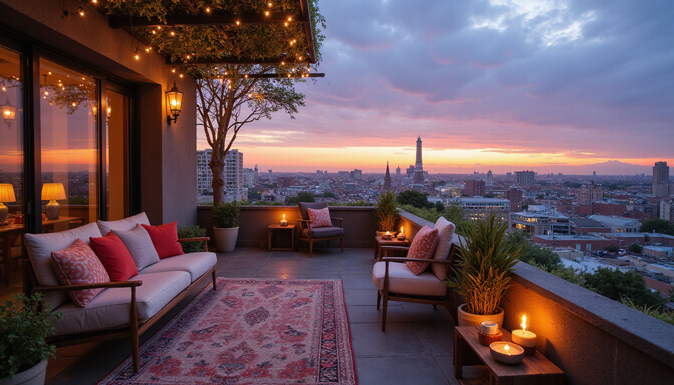 Rooftop boutique hotel terrace at dusk, cozy seating, fairy lights, panoramic city view, handcrafted ceramics