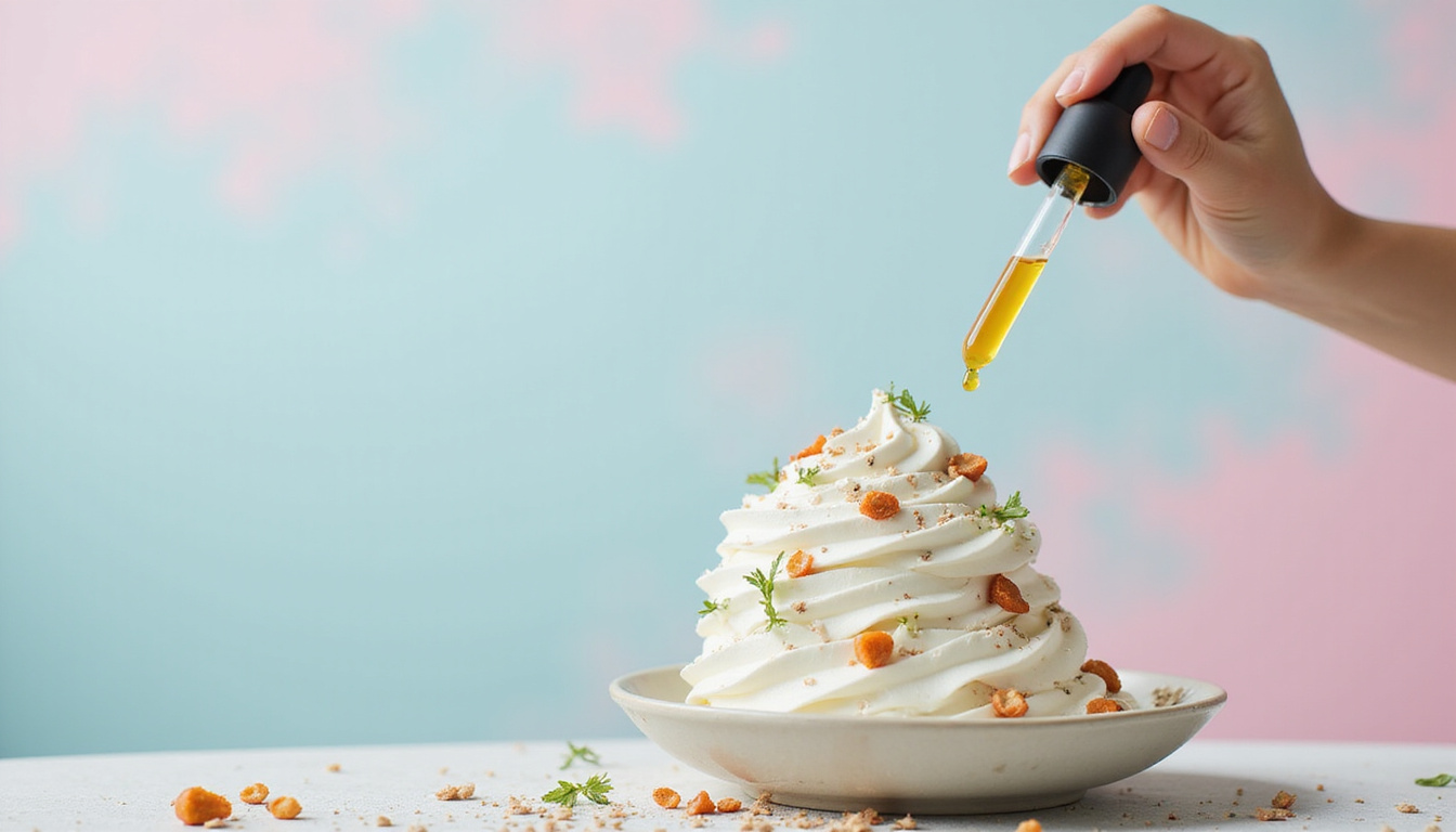  Formulation ritual: serum dropper, whipped cream texture, botanicals, chemist mixing, minimalist apothecary