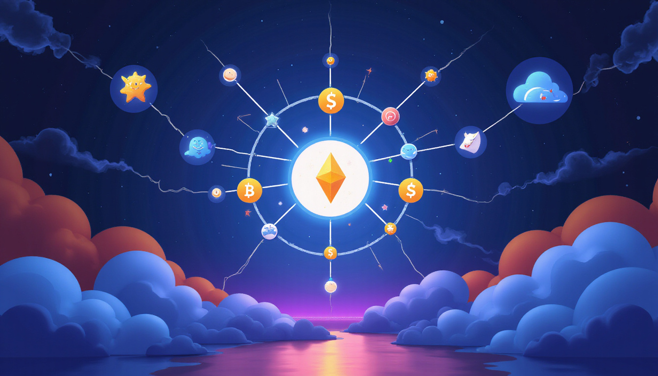  Friendly onboarding flow, blockchain nodes forming network halo, clean illustrations, playful UX icons