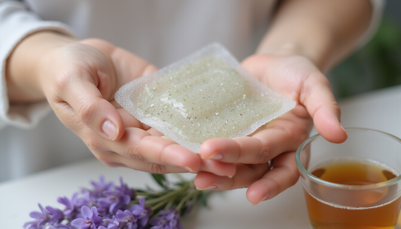  Close-up hands holding cooling gel pack, steaming herbal tea, lavender aromatherapy, soothing graphics