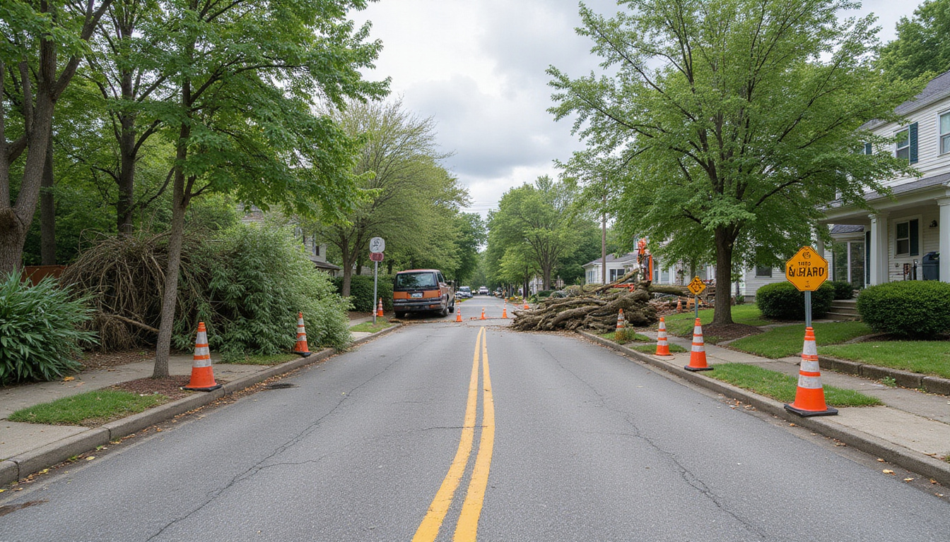  Before-and-after neighborhood: hazardous fallen trees removed, neat curbside piles, warning cones, cost-saving strategy signage