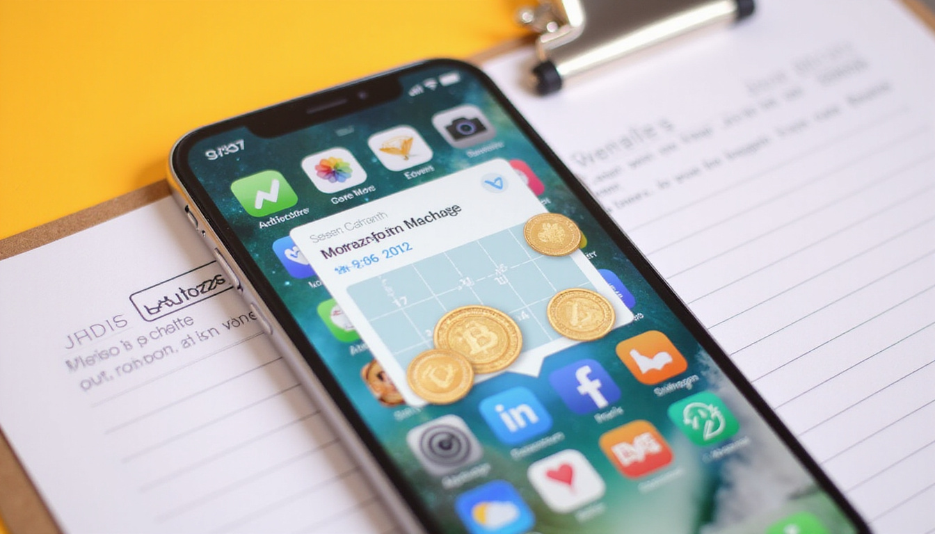  Smartphone app overlays pickup calendar, coins and stopwatch, space-saving loading diagram on clipboard