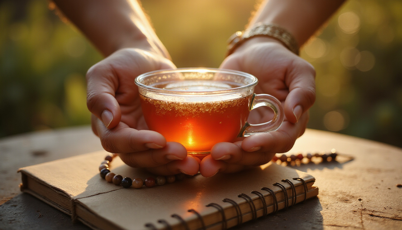  Close-up of hands offering tea, meditation beads, journal, subtle golden light, peaceful transformation