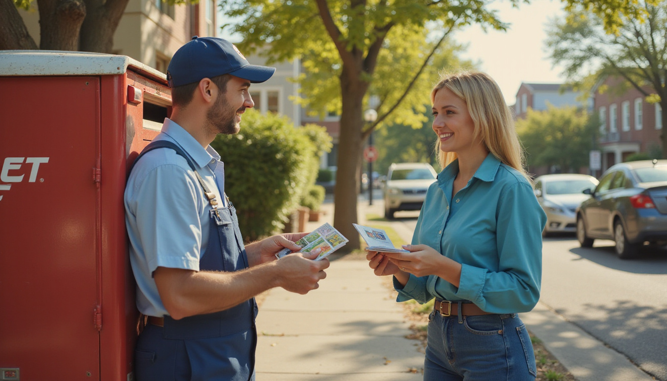  Retro mail carrier handing vibrant direct-mail postcards to smiling neighborhood customers, sunny afternoon