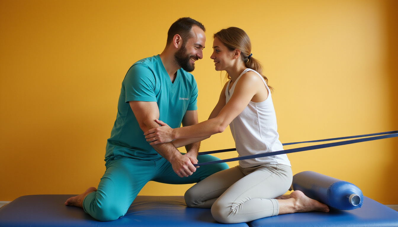  Friendly physiotherapist guiding man through core exercises with resistance band, clinic setting, warm tones