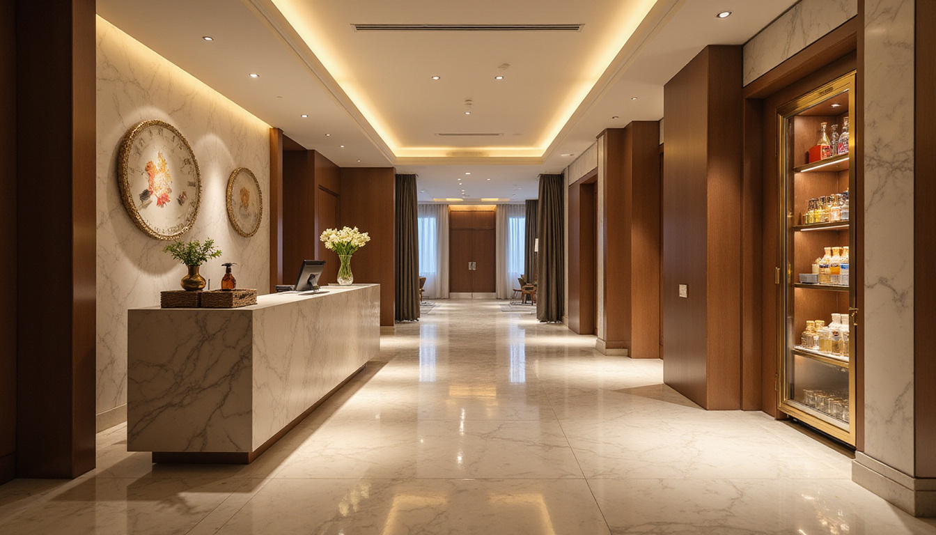  Sleek hotel room, polished marble surfaces, concierge desk, minibar glowing, anonymous luxury, expensive bill
