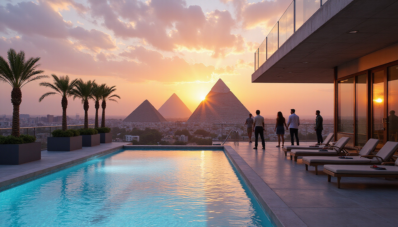  Rooftop pool overlooking pyramids at sunset, concierge greeting guests, palms, modern glass facade