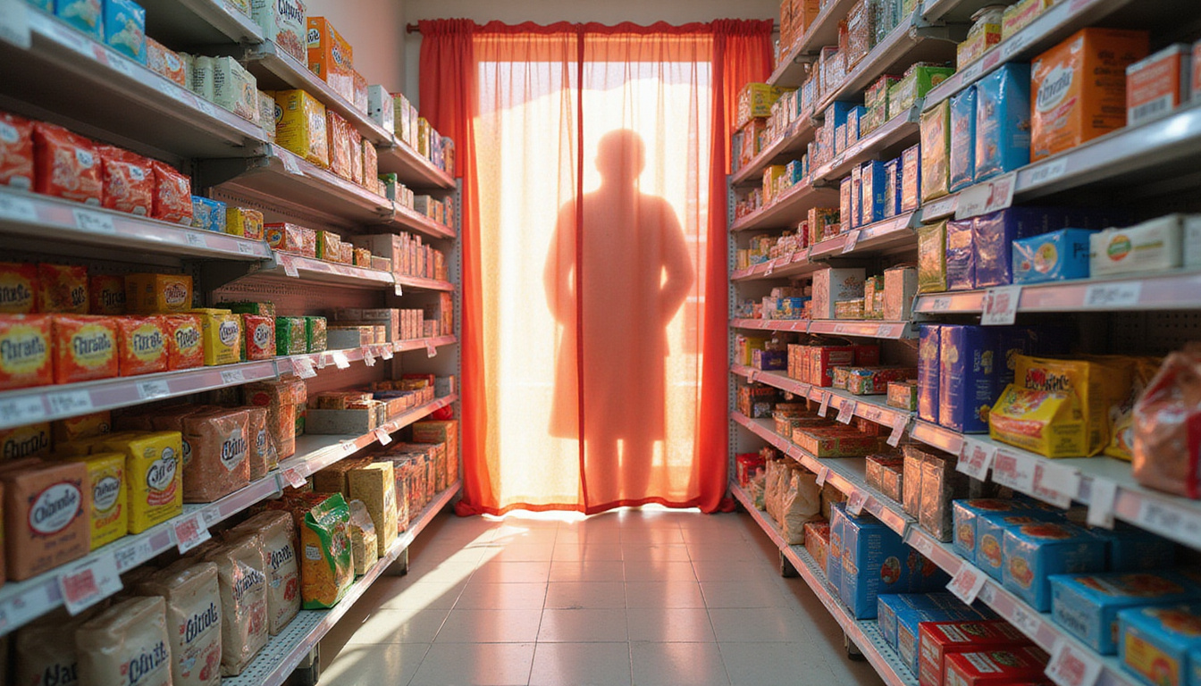  Grocery aisle of sweetener packets with hidden warning labels, shadowy manufacturer hands behind curtain