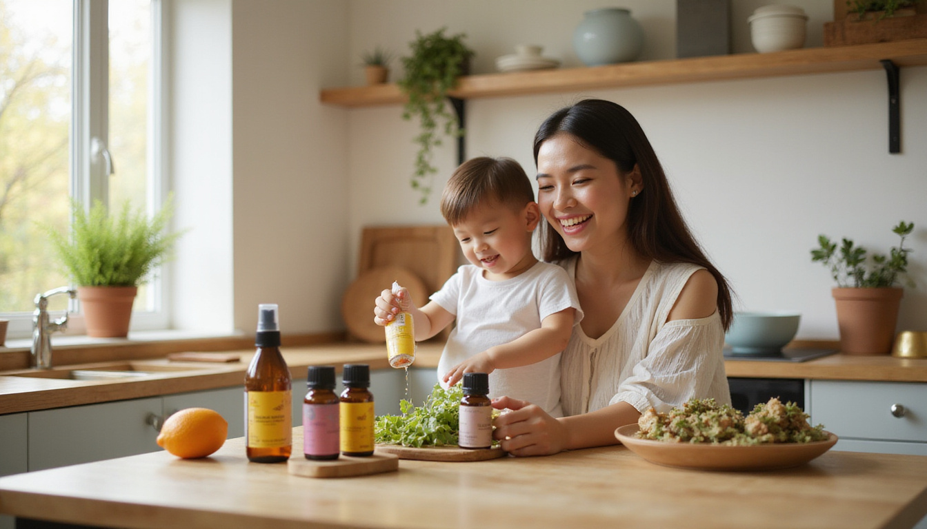  Warm natural-light kitchen with safer alternatives: essential-oil bottles, neem spray, sticky traps, smiling family