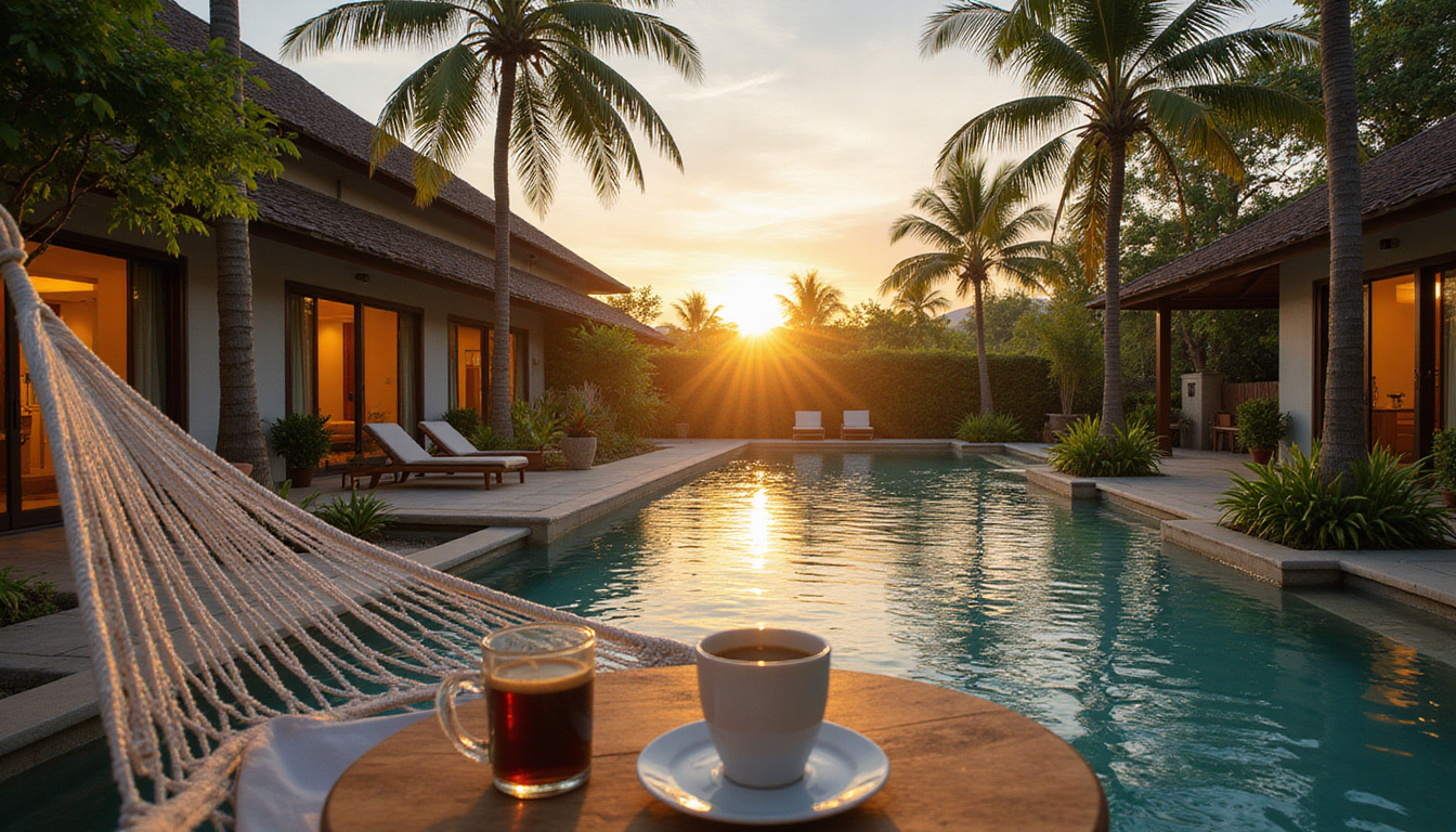  Tranquil Bali courtyard, hammock, poolside table with coffee and laptop, sunset glow, palms