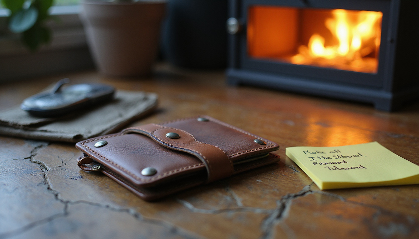  Open hardware wallet on cracked table, sticky note password beside it, burning mailbox in background