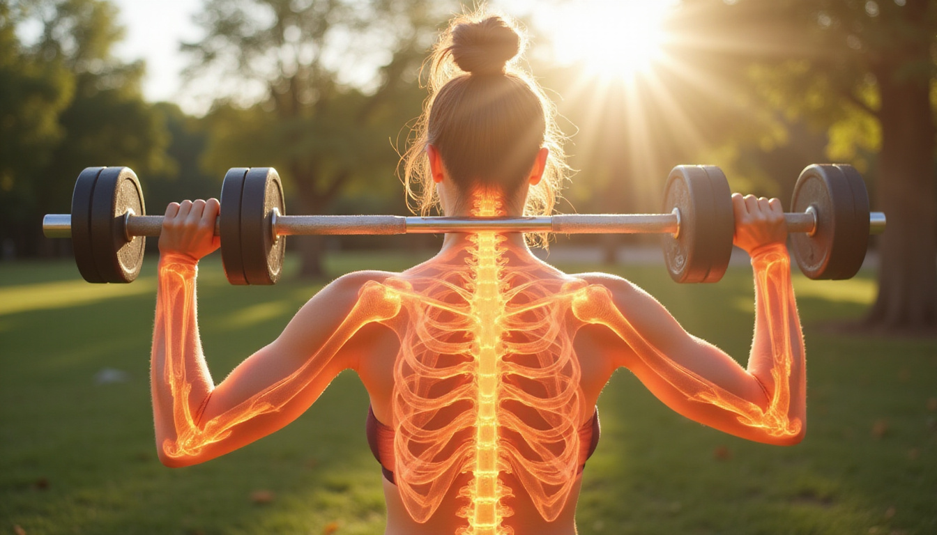  Confident woman lifting light weights, strong posture, translucent skeleton highlight, sunlit park