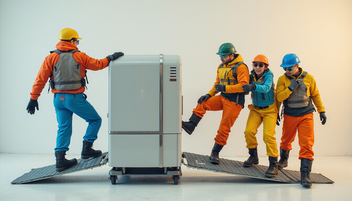  Team of four wearing back braces and gloves sliding refrigerator onto ramp with skid plates dynamic