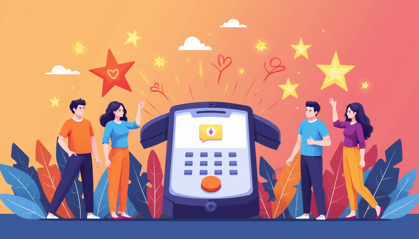  Satisfied customers surrounding toll-free phone, glowing loyalty hearts and golden stars rising skyward