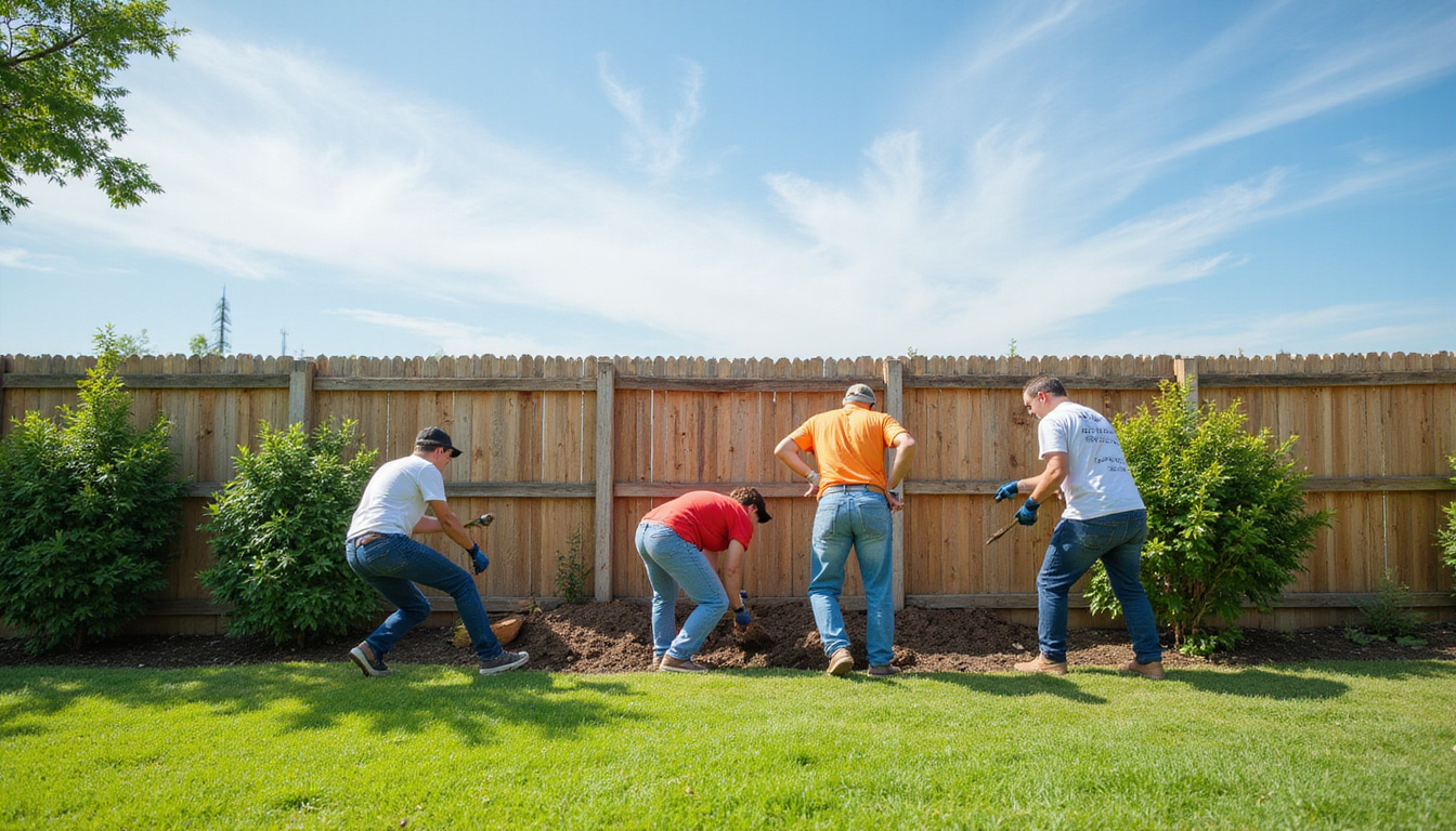  Volunteers rebuilding damaged fence, planting new shrubs, sunny sky, restored green lawn