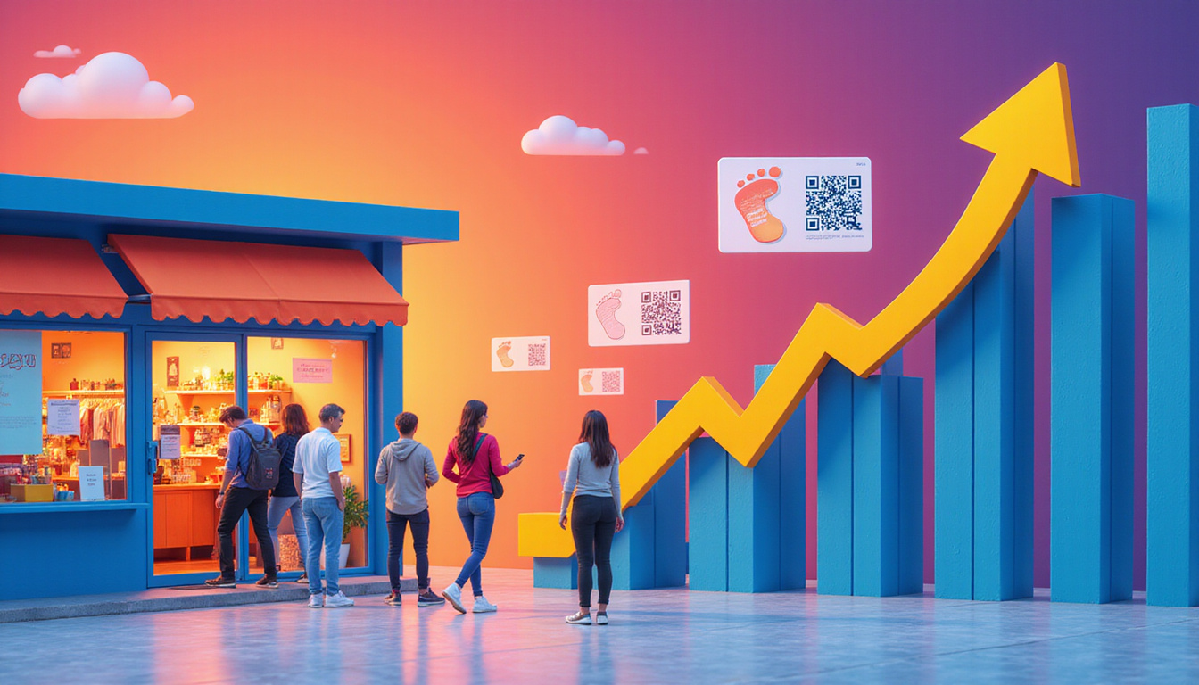  vibrant storefront with customers entering, upward foot traffic graph overlay, bold QR code on flyers
