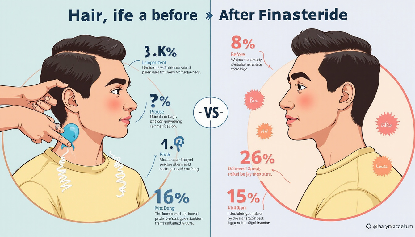  Vibrant medical infographic split-screen showing hair follicle before and after finasteride, risk icons, alternatives labeled