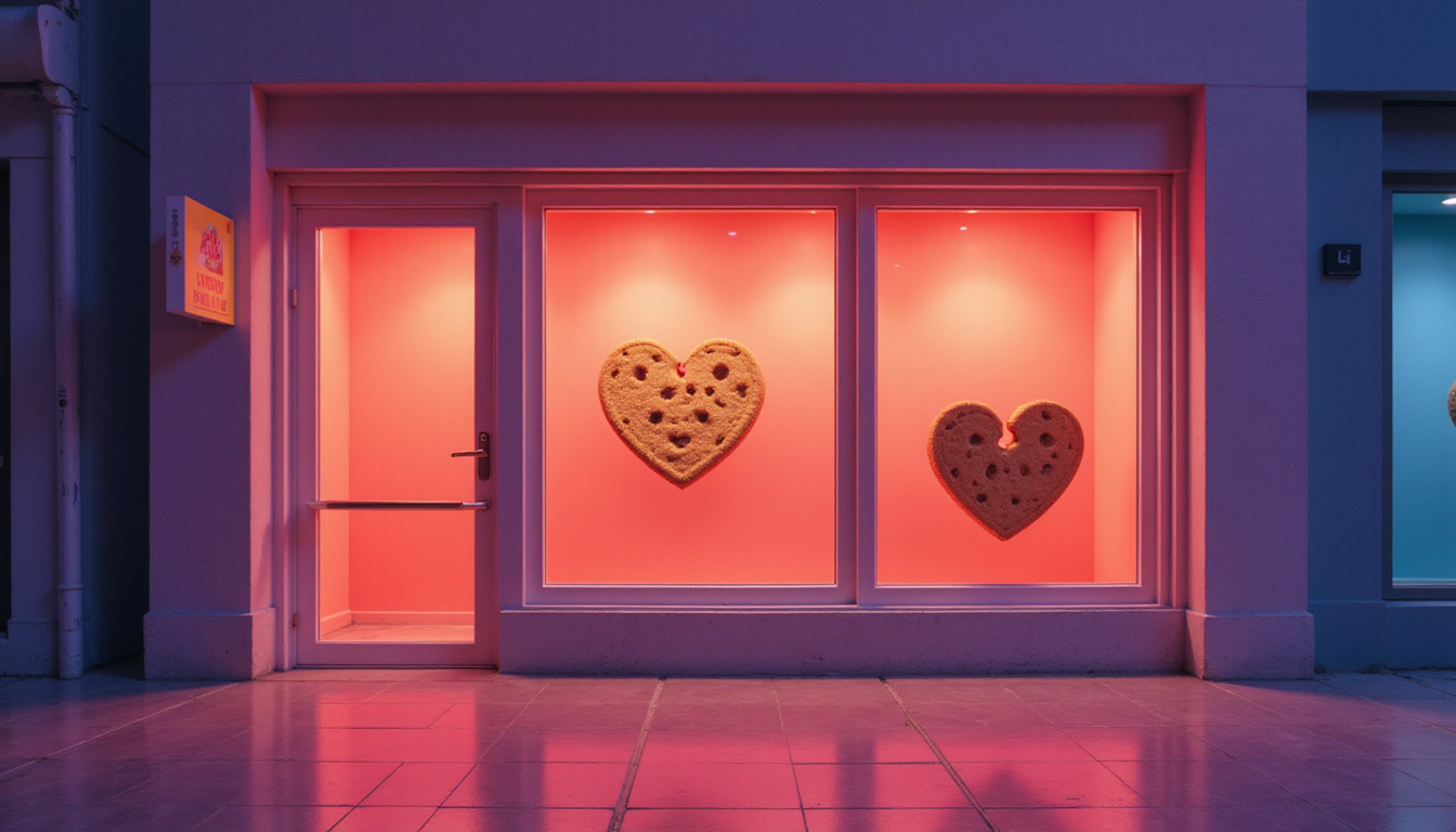  Minimalist storefront with heart-shaped shield, broken tracking cookie icon, bright optimistic lighting