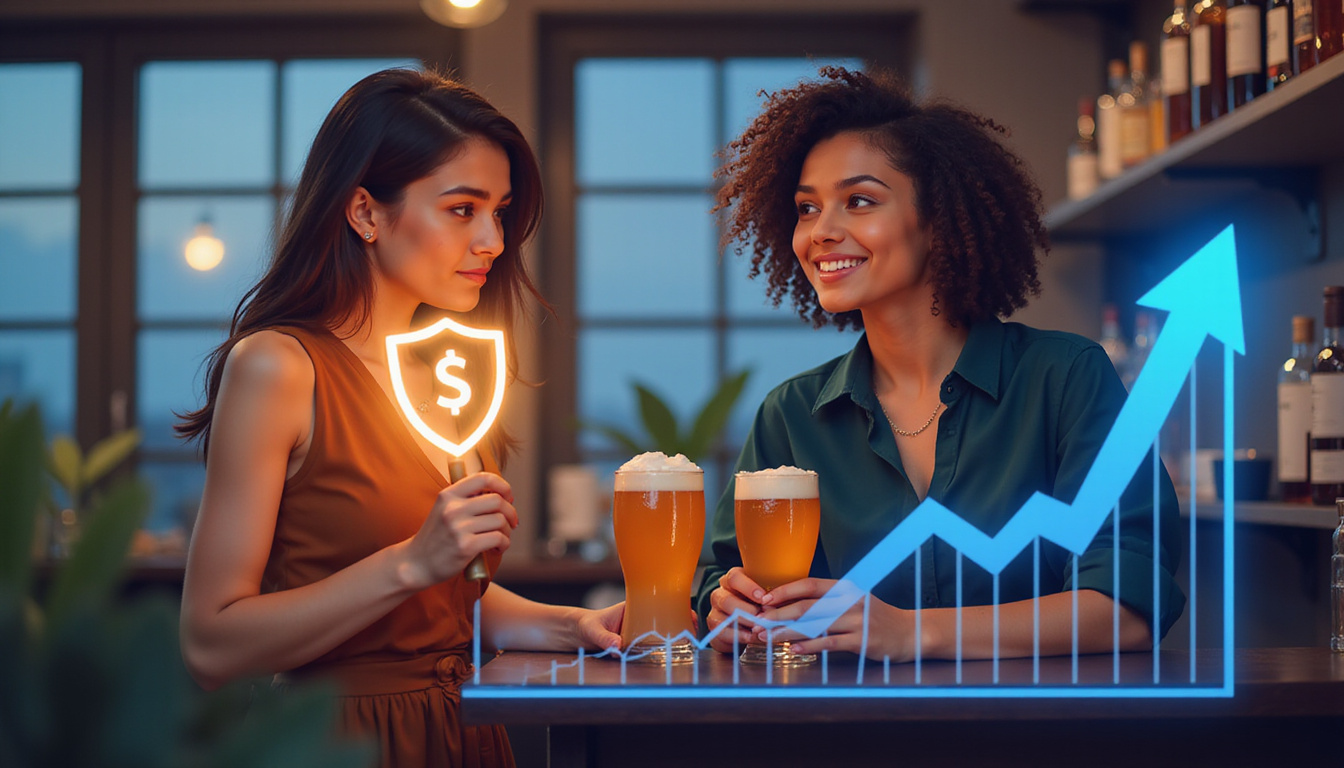  Smiling bartender refusing over-served customer courteously, rising sales graph overlay, glowing shield icon representing reduced liability