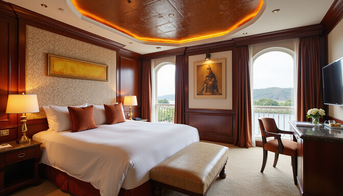  Luxurious stateroom with velvet cushions, brass fixtures, panoramic river views, papyrus artwork, private butler